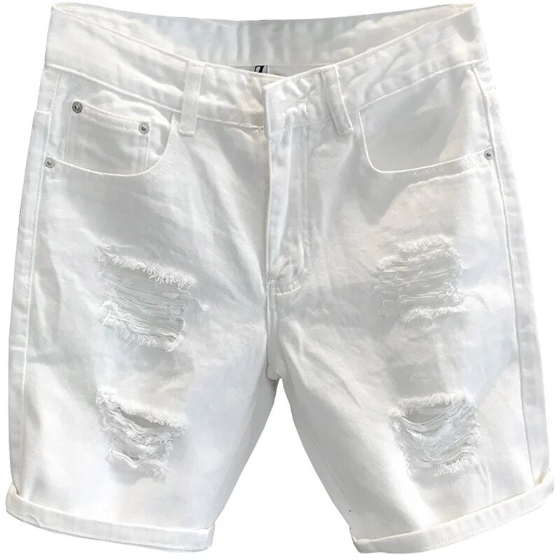 2023 Hong Kong Version of Everything Street Tide White Ripped Denim Shorts Men's Casual Trend Summer Scraped Five Points Pants