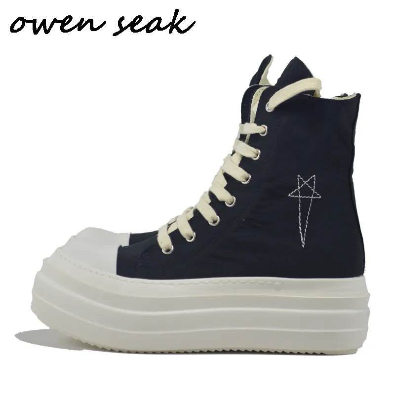 Owen Seak Men High-TOP Double Platform Heels Sneakers Lace Up Women Canvas Casual Boots Height Increasing Zip Flats Black Shoes