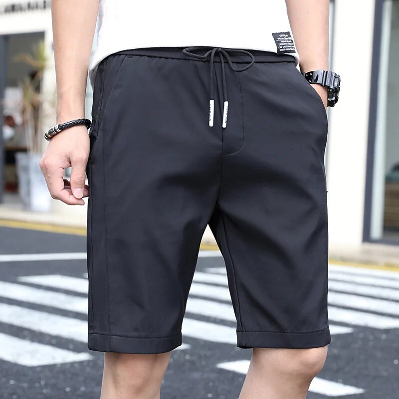 2024 Summer Thin Ice Silk Casual Shorts Men Slim Straight Trousers Solid Knee-length High Quality Beach Pants
