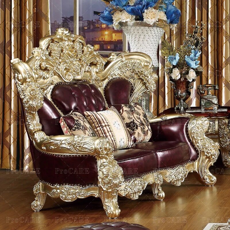 ProCARE European sofa American villa living room genuine leather solid wood carving living room sofa sets