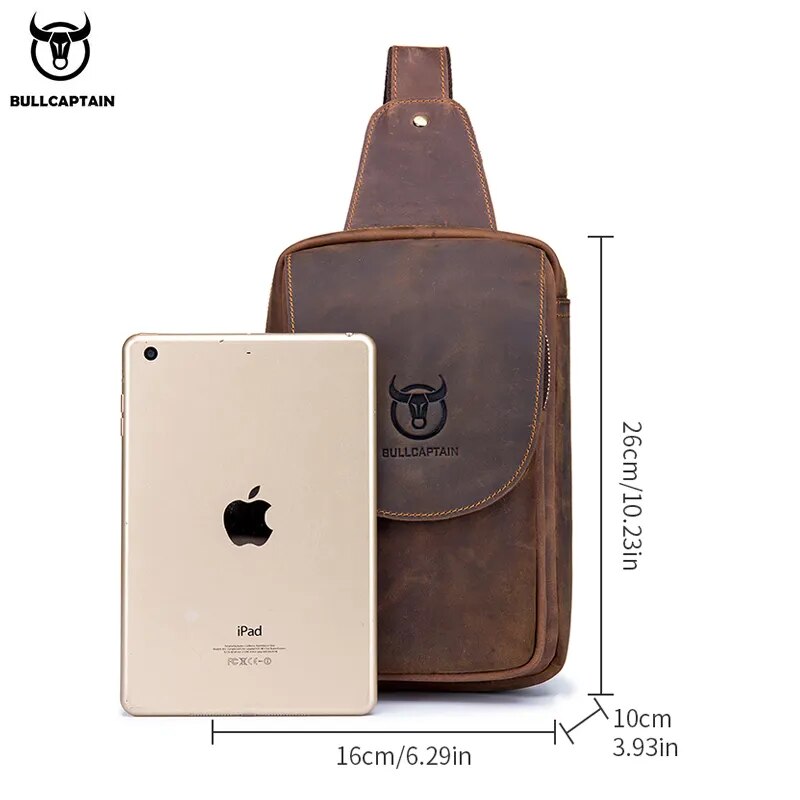 BULLCAPTAIN Men's Crossbody Bags Crazy Horse Leather Chest Bag's Leather Crossbody Bages Retro Men's Zip Pocket Short Travel Bag