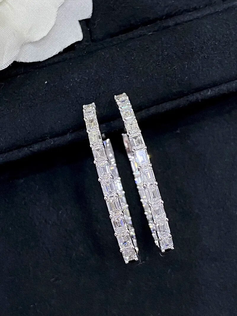 LUOWEND 18K White Gold Earrings Real Natural Diamond Hoop Earrings Shiny E-Shaped Shape Party Jewelry for Women Senior Banquet
