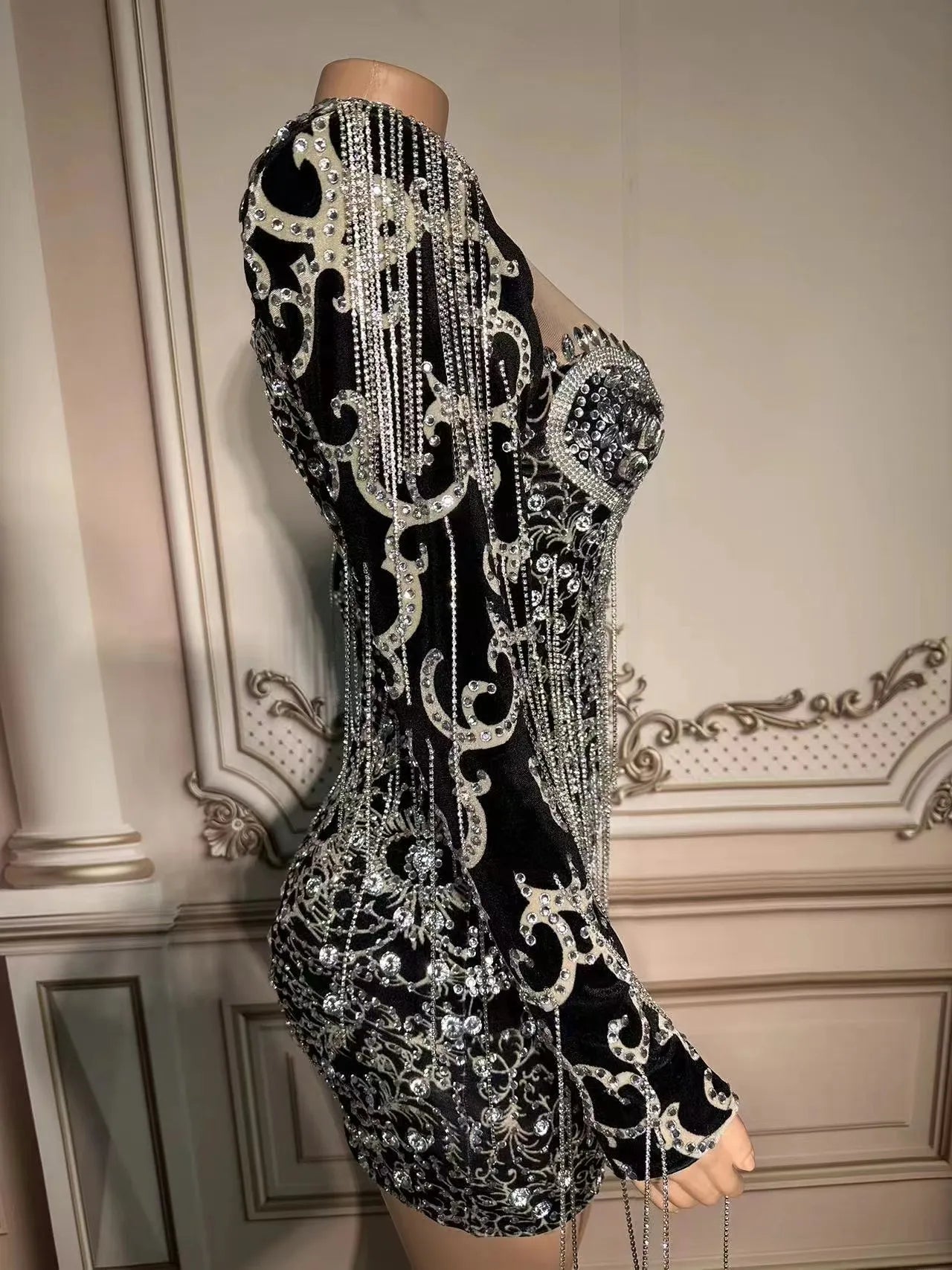 Club Sexy Stage Evening Birthday Celebrate Velvet Rhinestone Big Sleeves Skirt Costume Women Dancer Prom Stones Host Outfit