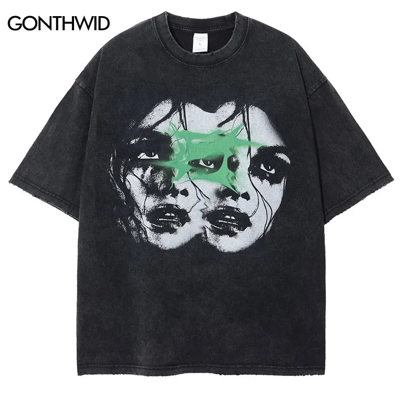 Vintage Men Tshirt Streetwear Hip Hop Graphic Print Punk Gothic Washed T-Shirt Harajuku Fashion Casual Loose Cotton Tee Shirts