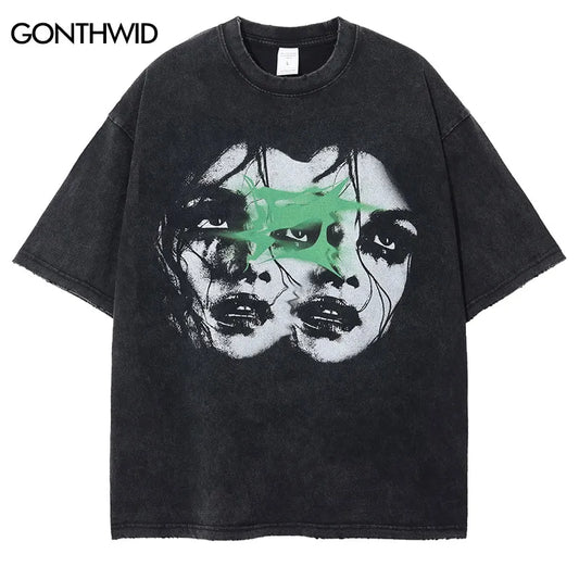 Vintage Men Tshirt Streetwear Hip Hop Graphic Print Punk Gothic Washed T-Shirt Harajuku Fashion Casual Loose Cotton Tee Shirts
