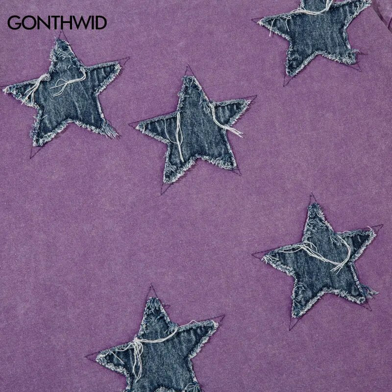 Vintage T-Shirt Streetwear Hip Hop Embroidery Star Patch Washed Tshirt 2023 Harajuku Punk Gothic Tee Shirts Fashion Loose Top