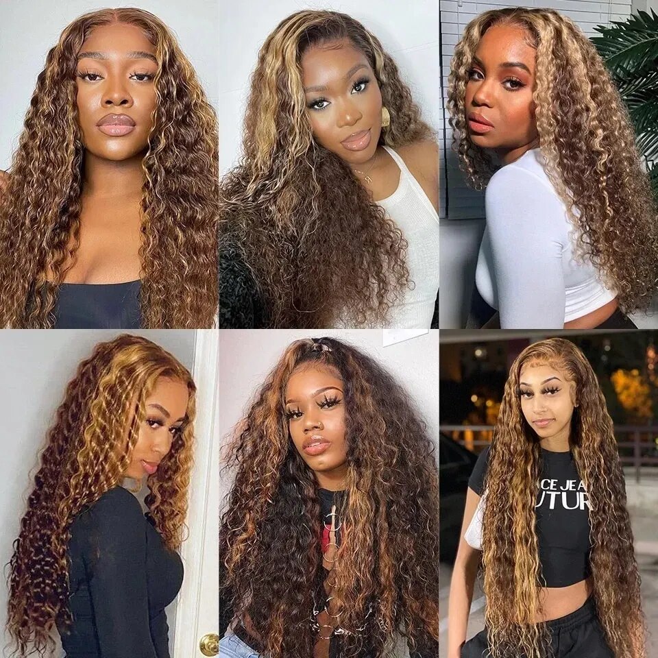 250% 30 40Highlight Water Wave Human Hair Wig Highlighted Curly Lace Front Wigs For Women Brazilian Lace Closure Wig Pre Plucked