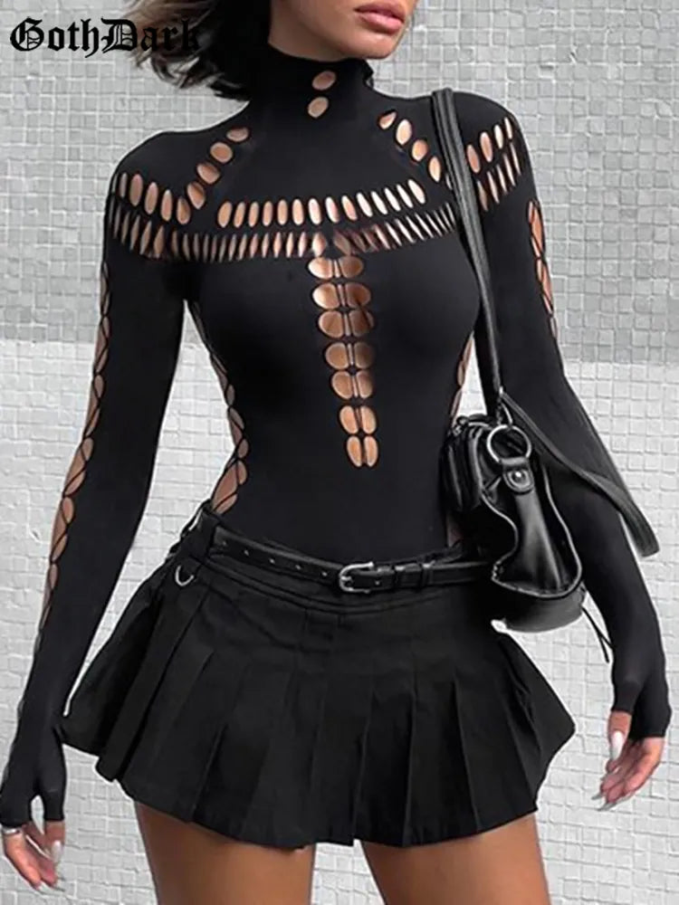 Goth Dark Cyber Y2k Punk Sexy Hollow Out Bodysuits Gothic Techwear Black Turtleneck Bodycon T-shirts Moto Long Sleeve Streetwear