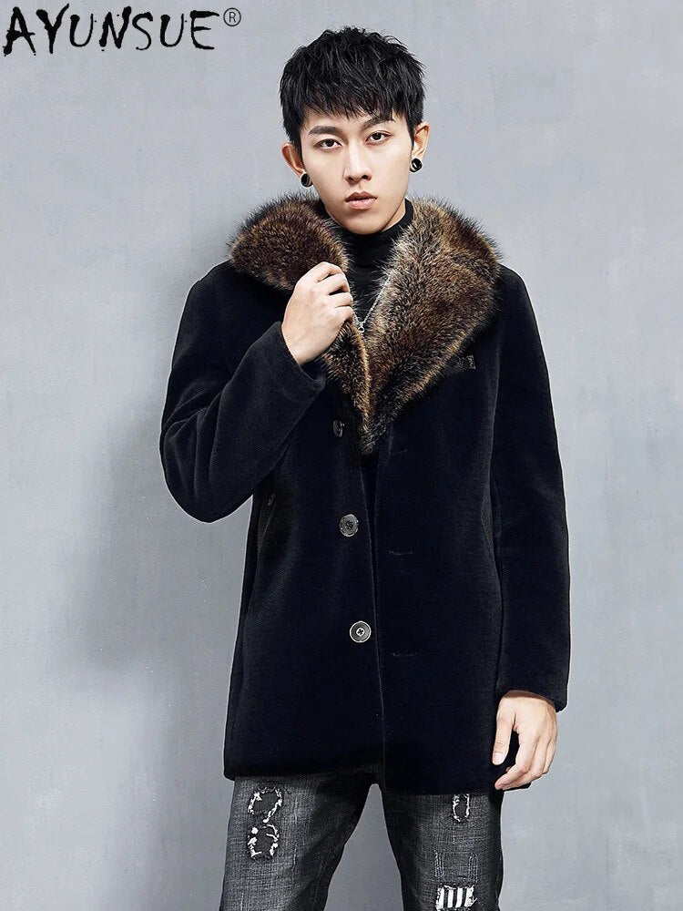 2024 Men's Clothing Real Wool Fur Coat 100% Raccoon Collar Leather Jacket Men 5XL Clothes chaqueta hombre LXR776