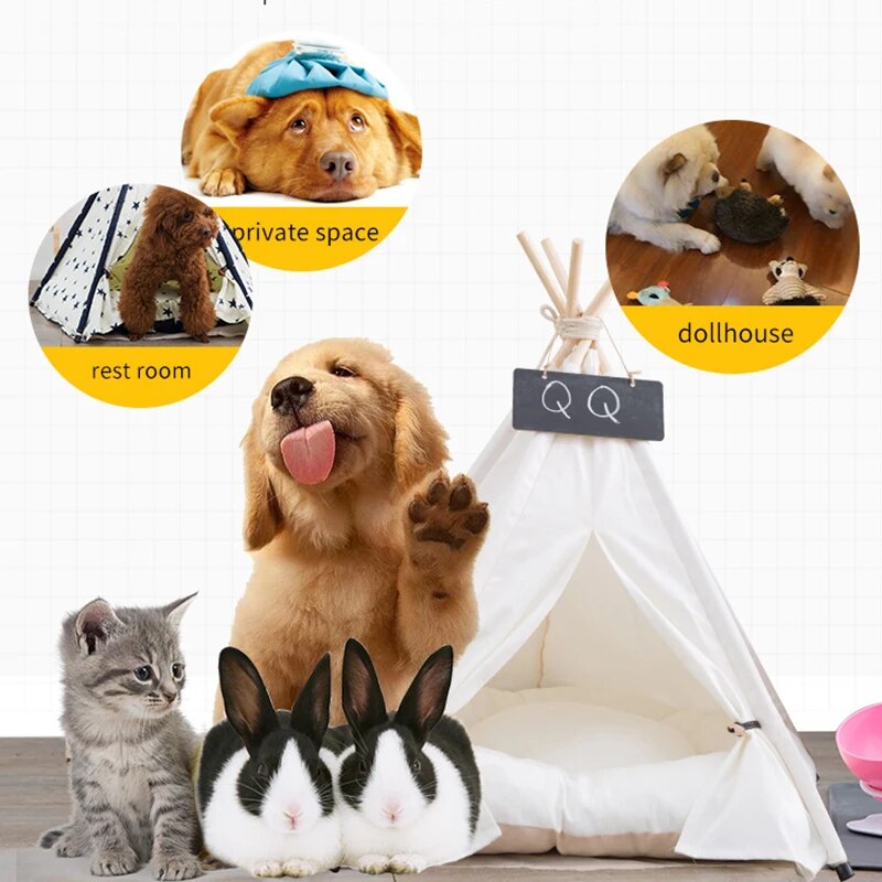 Pet Cat Dog Teepee with Cushion & Blackboard, Portable Dog Tents & Pet Houses, Wood Canvas Tipi Fold Pet Tent Small Animals Bed