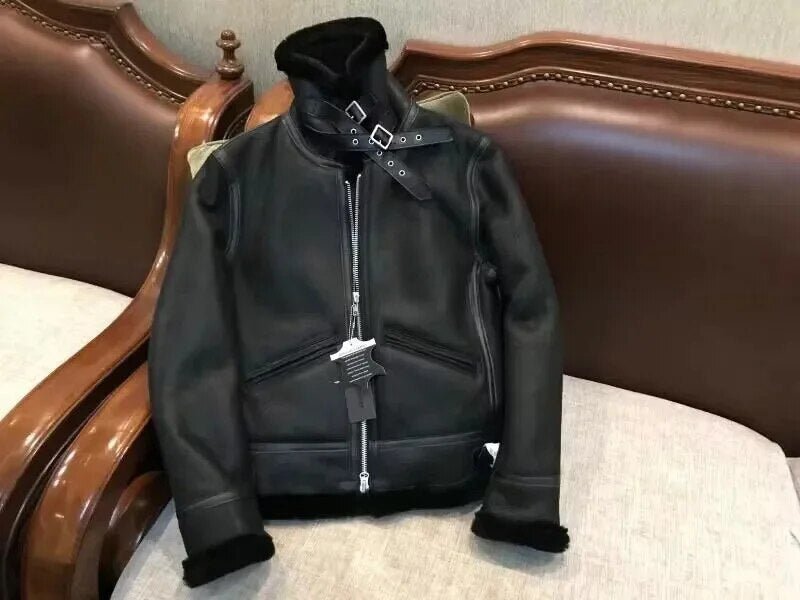 men's genuine leather coat woolen lining liner real sheepskin pilot bullet jacket warm thick clothing for winter black plus 3xl