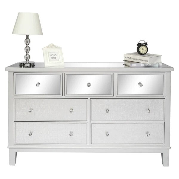 Mirrored Glass TV Stand with 7 Drawers Cabinet Modern Furniture for Living Room Bedroom Decoration 130 x 36 x 78 cm Silver