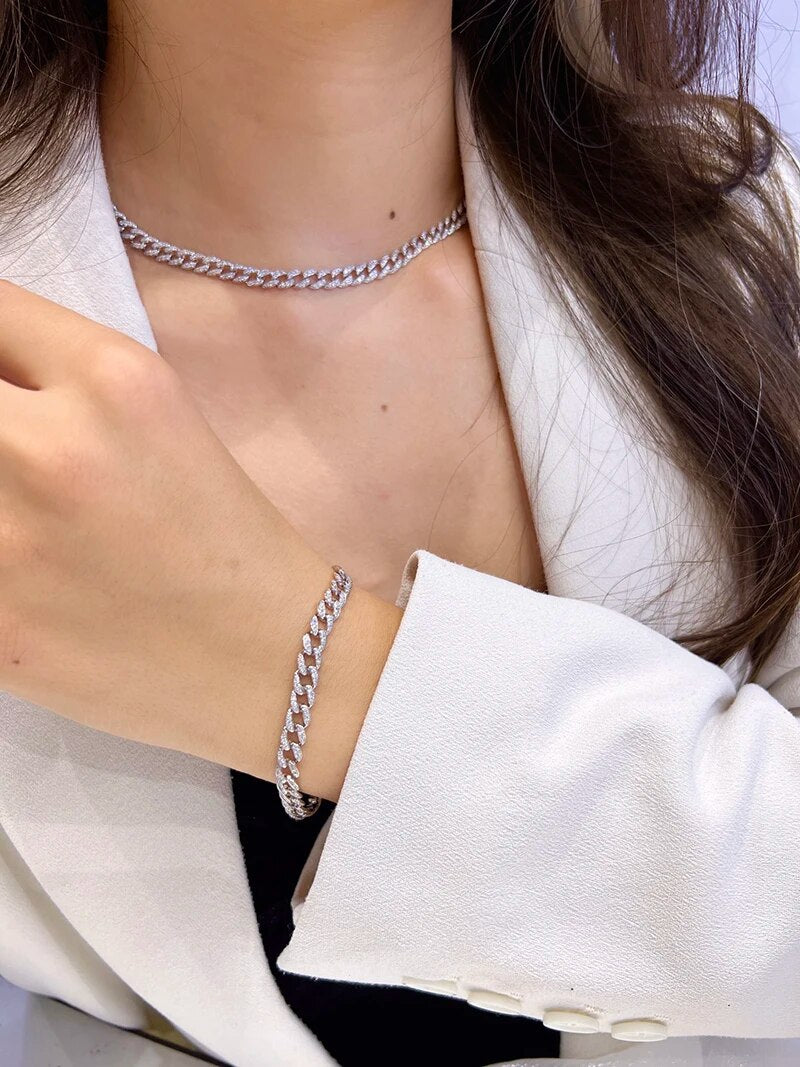 LUOWEND 18K White Gold Necklace Women Real Natural Diamonds 3.41carat Necklace Luxury Bracelet Cuban Design Wedding Jewelry