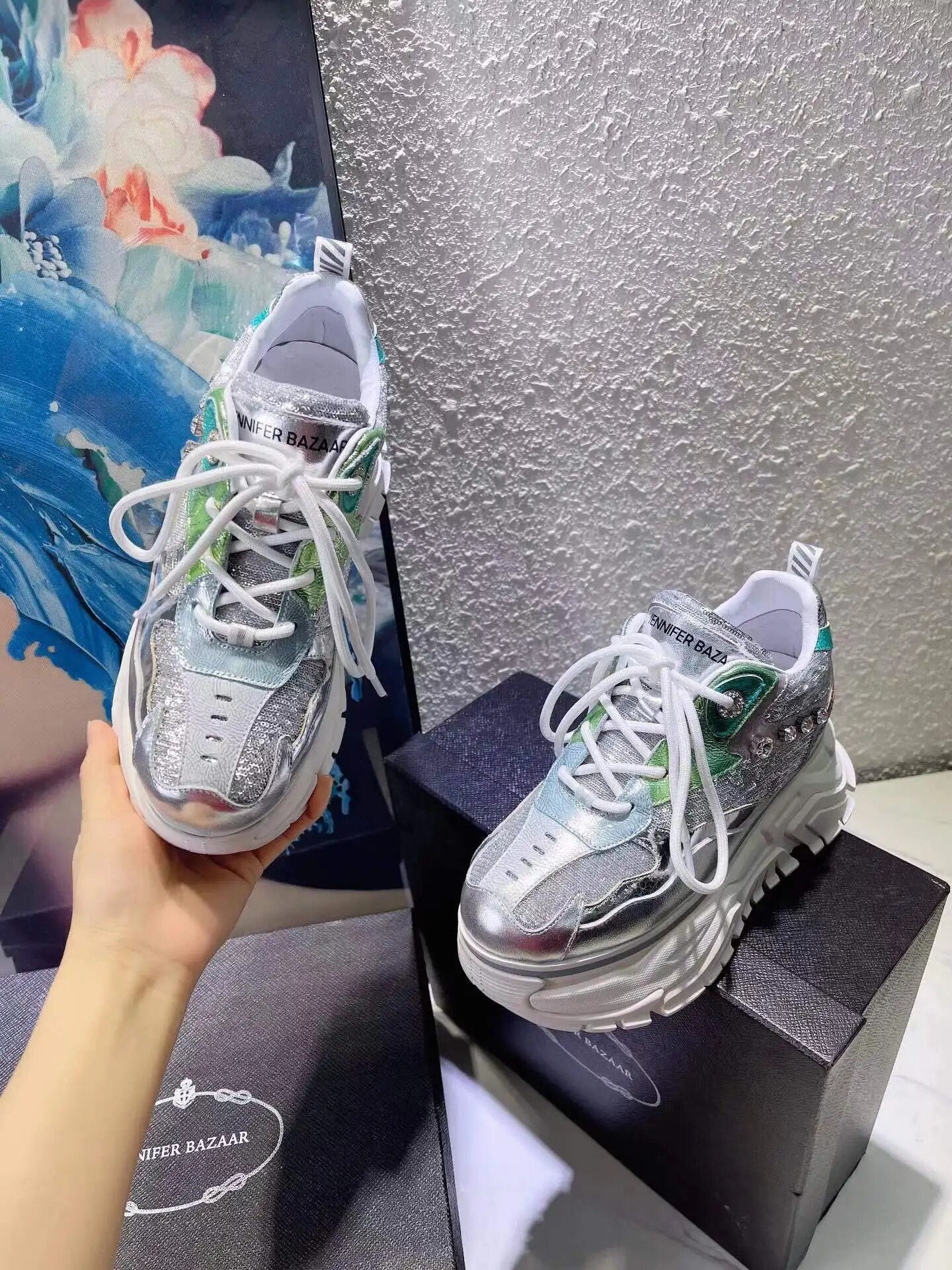 Spring Women's Casual Chunky Shoes Thick Heels Sneakers Female Silver Street Fashion Genuine Leather High Platform Lady Autumn