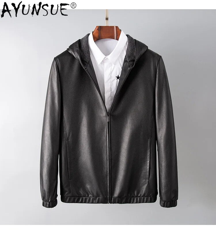 Men Clothing 5XL Real Cow Leather Jacket Autumn Men's Clothes Hooded Coat Male Zipper Mens Jackets Hommes Veste LXR448