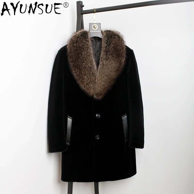 Men's Clothing winter Men Jacket Real Raccoon Fur Collar Coat Sheep Shearing Jackets Thick Clothes Ropa Hombre LXR451