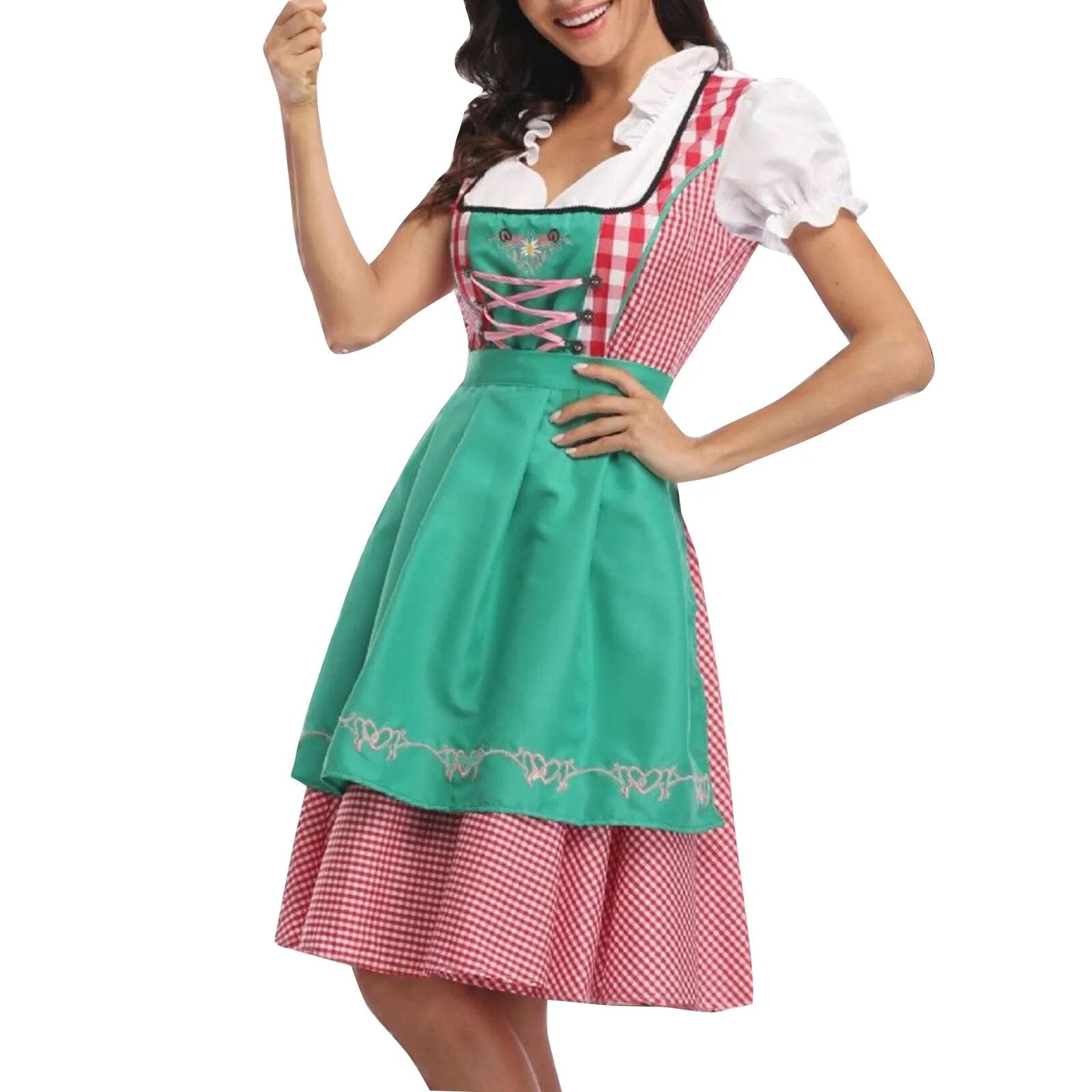 High Quality Traditional German Plaid Dirndl Dress Oktoberfest Costume Outfit For Adult Women Halloween Cosplay Fancy Party - KAISERINC