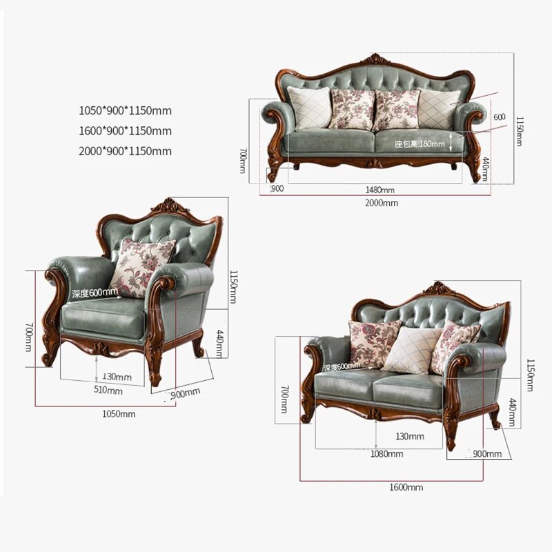 American Leather Sofa All Solid Wood Small Apartment Combination European Style Light Luxury Simple Carved Living Room Furniture