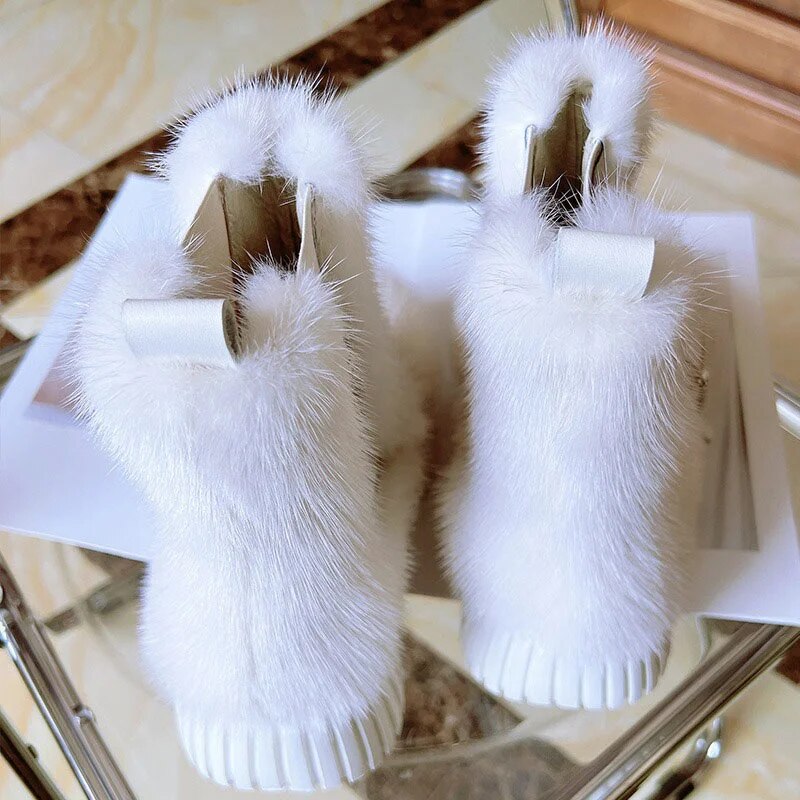 Women's Fashion Platform Ankle Boots Luxury Mink Fur Trend SnowShoes Exquisite Diamond Buckle Cause Solid Color Fur Sneakers