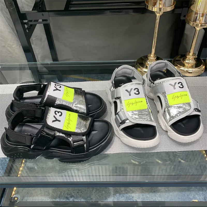 Y3 Summer Thick Soled Men's Shoes Genuine Leather Outdoor Sports Sandals Silver Black