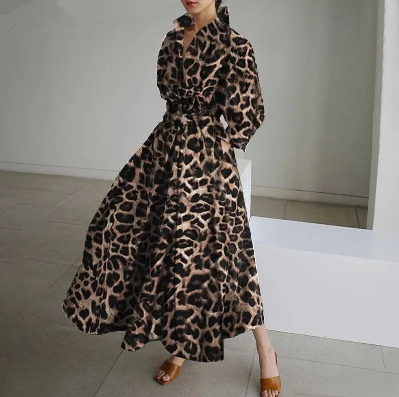 5XL Elegant Women Spring Autumn Sundress Fashion Lapel Neck Long Sleeve Solid  Long Shirt Dress OL Vestidos Robe Femme - KAISERINC