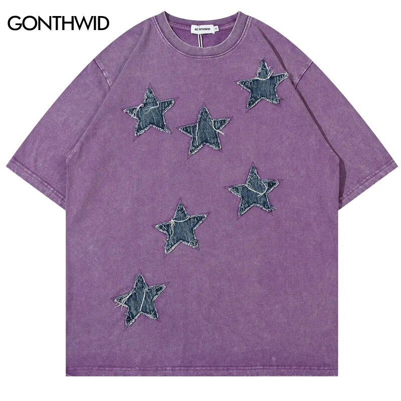 Vintage T-Shirt Streetwear Hip Hop Embroidery Star Patch Washed Tshirt 2023 Harajuku Punk Gothic Tee Shirts Fashion Loose Top