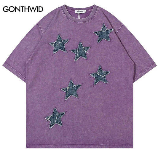 Vintage T-Shirt Streetwear Hip Hop Embroidery Star Patch Washed Tshirt 2023 Harajuku Punk Gothic Tee Shirts Fashion Loose Top