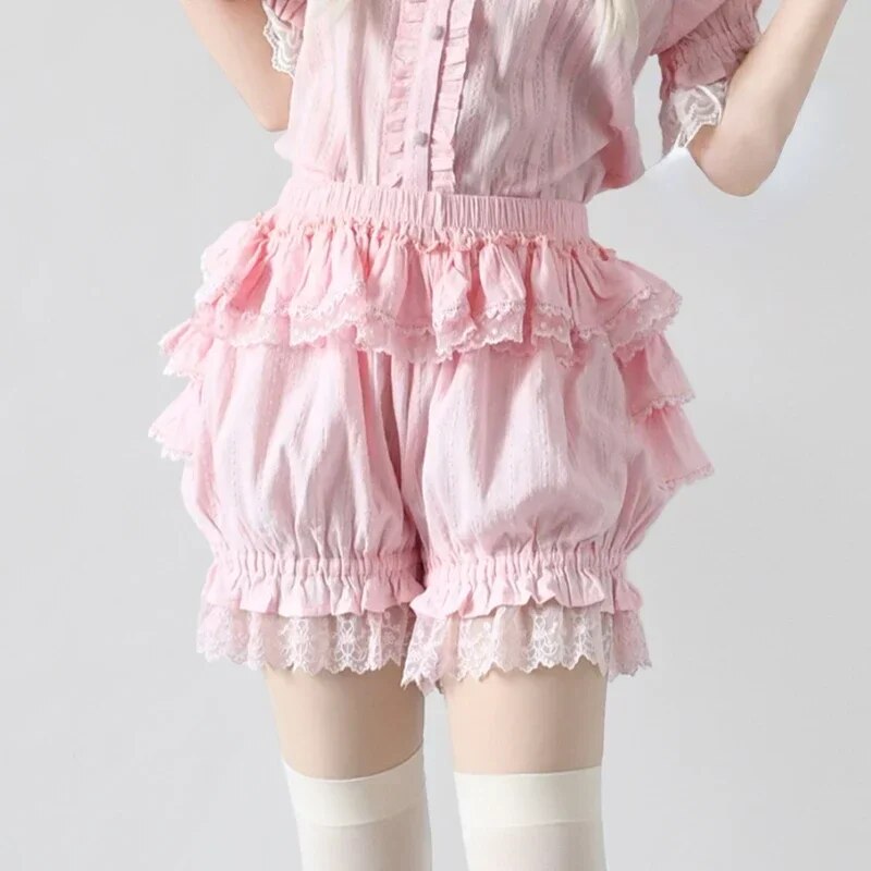 Sweet Lolita Safety Shorts Pink Girl Kawaii Lace Ruffle Cotton Underwear Tiered Pumpkin Short Pants Victorian Gothic JK Bloomers