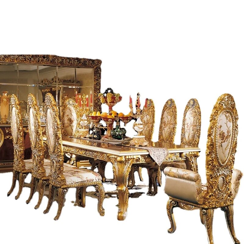 Luxury Solid Wood Antique Carved Dining Set Home Dining Room Furniture Classic Royal Dining Chair And TableCD