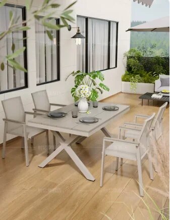 Outdoor plastic wooden tables and chairs, waterproof courtyard, leisure combination, simple outdoor terrace, long table garden
