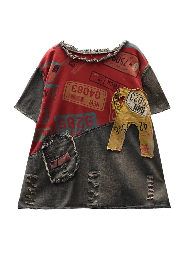 Max LuLu 2023 New Summer European Fashion Style Ladies Vintage Tee Shirts Women Denim Patchwork Ripped Tshirts Casual Streetwear