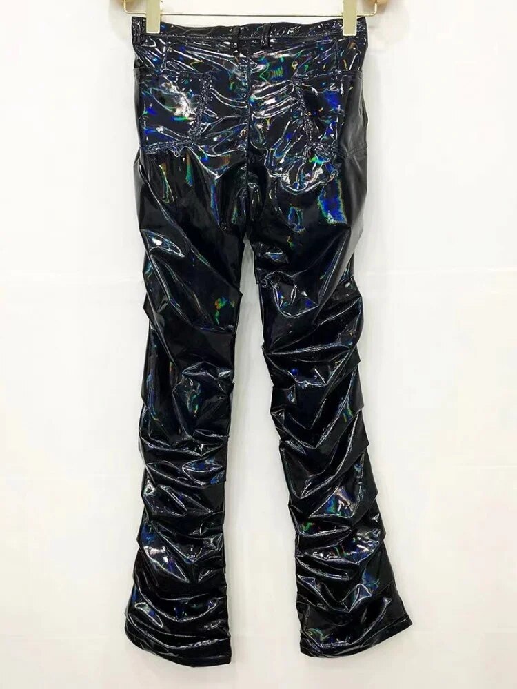 Sexy Mirror Smooth Pleated Flared Pants Men Faux Patent Leather Trousers Plus Size 6XL PU Night Clubwear Stretchy