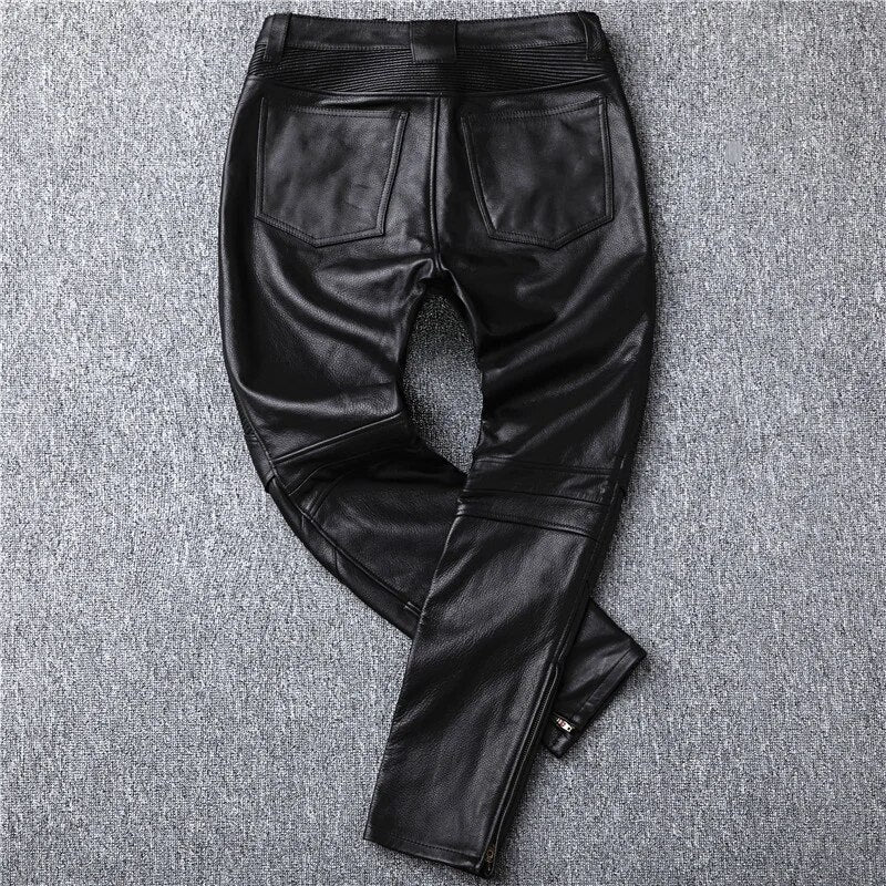 quality 2023 new high luxury brand real shipping.mens genuine leaher cargo pants.quality black Pro motor rider cow leather long