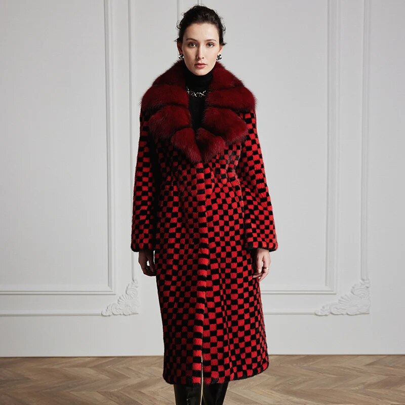 Women's Fur Coat 2223 Trend Natural Fur Long Mink Red Grid Fashion Outerwear Jackets Trench Coats New Outdoor Clothes Clothing