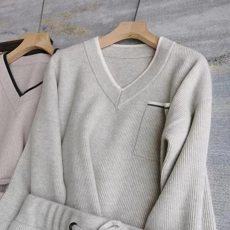 Autumn Winter V Neck Long Sleeve 100% Cashmere Casual Style Pants Suit