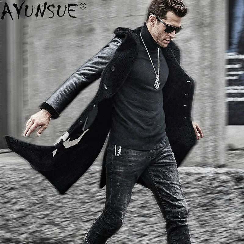 Winter Coat Men's Fake Leather Jacket Men Clothing 100% Wool Windbreaker Double Side Coats Hommes Veste LXR547