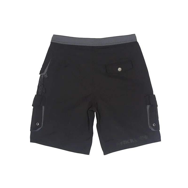 Men's Shorts Leather Cross Embroidery Cargo Streetwear Hip Hop Casual Five-Point Pants Male