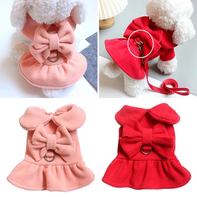 Autumn Winter Pet Dresses Christmas Wool Princess Skirt Harness Traction Cord Small Dog Coat Holiday Clothes Yorkie Poodle Puppy - KAISERINC