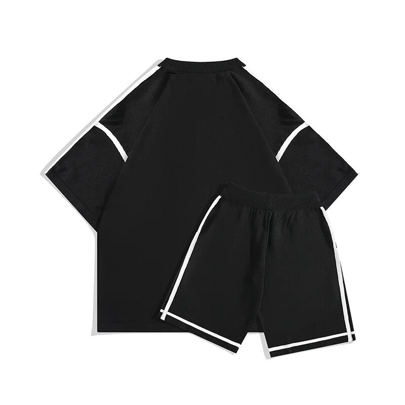 Spliced Knit 2pcs Set Summer American Breathable Ice silk Grunge Cool sports tracksuits unisex joggers T-shirt Shorts