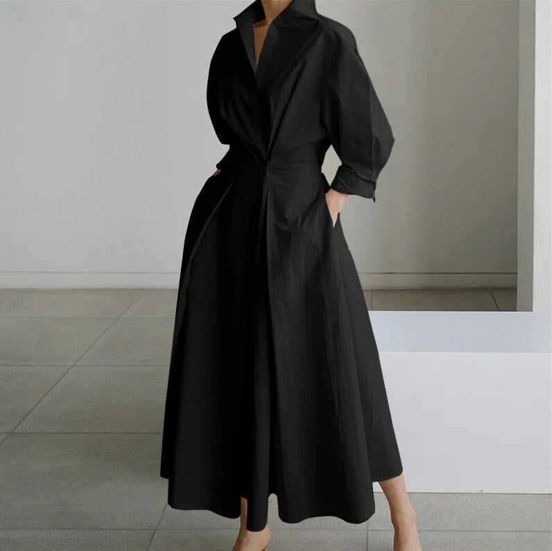 5XL Elegant Women Spring Autumn Sundress Fashion Lapel Neck Long Sleeve Solid  Long Shirt Dress OL Vestidos Robe Femme