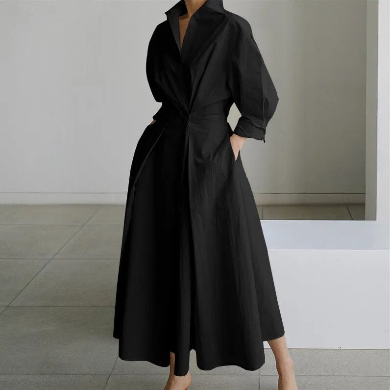 5XL Elegant Women Spring Autumn Sundress Fashion Lapel Neck Long Sleeve Solid  Long Shirt Dress OL Vestidos Robe Femme - KAISERINC