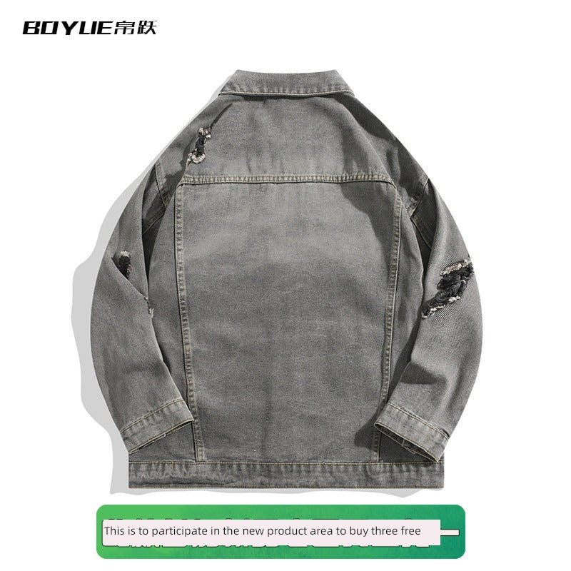 Trendy Spring and Autumn Distressed Loose Denim Jacket