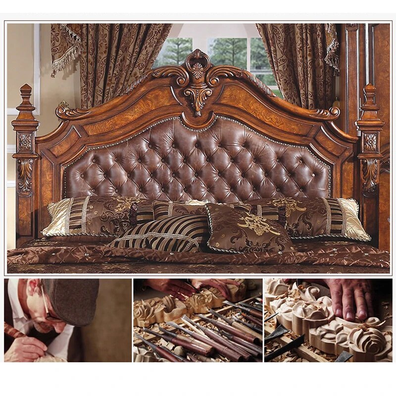 American Leather Bed Master Bedroom Wedding Bed 1.8 Meters Retro Leather Bed European Solid Wood Double Bed Bedroom Furniture