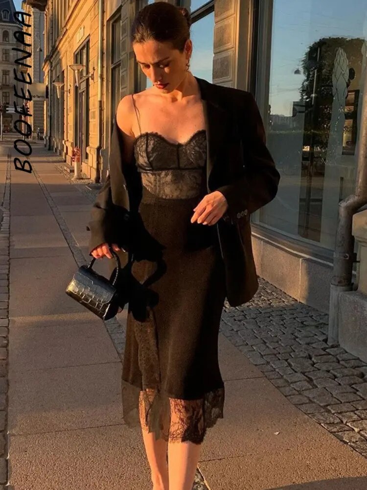 BOOFEENAA Sexy Black Lace Dress Date Night Outfits for Women Spaghetti Strap Backless Split Midi Dress French Style C66-CC17