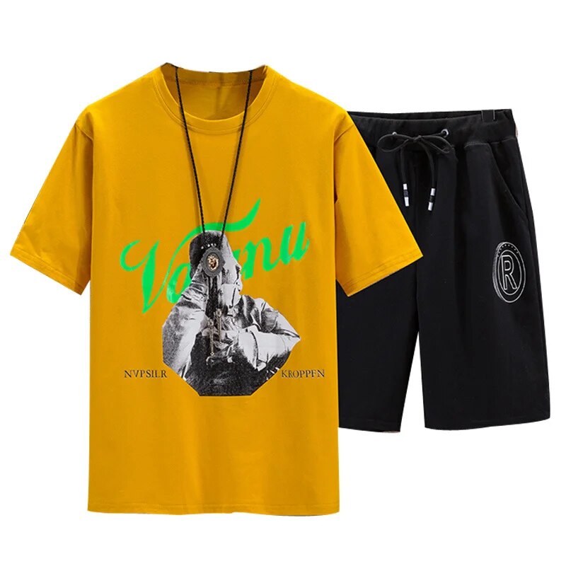 Men's Sets 2024 Summer New Short-sleeved Tshirt+Shorts Men Semi-cuff Pullover Fashion Print Tracksuits Male Dropshipping