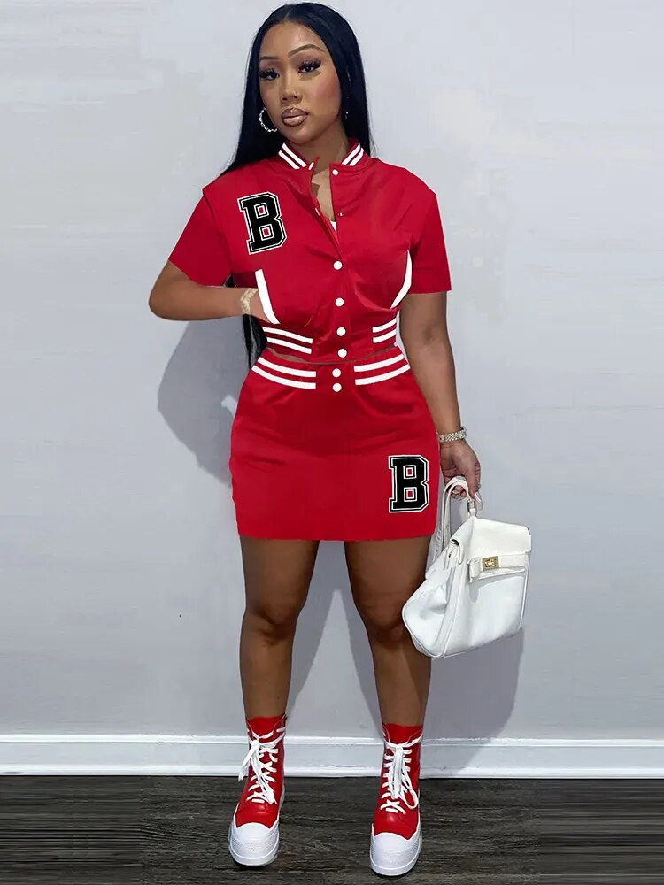B Letter Embroidery Two Piece Dress Sets Harajuku Girls Baseball Sport Cropped Coat and High Waist Skirt Matching Outfit Summer - KAISERINC