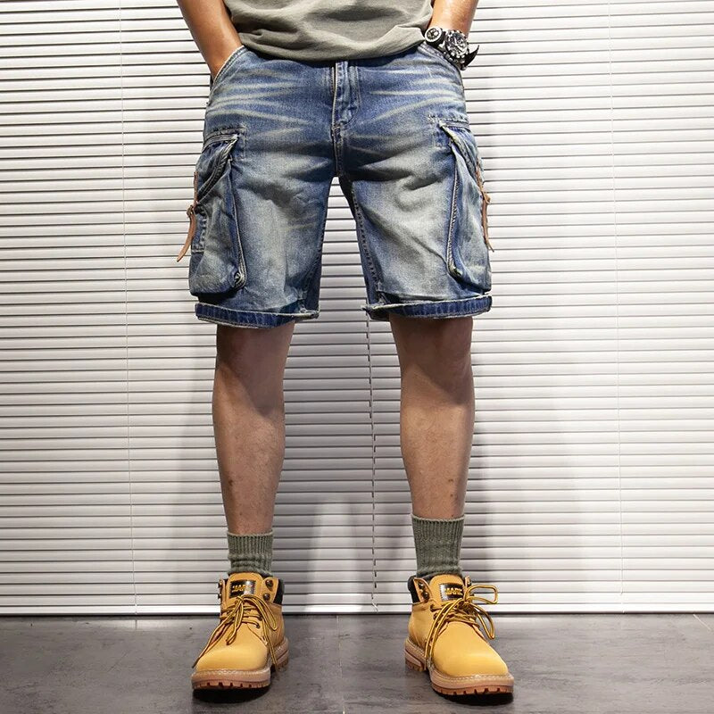 Men's Denim Shorts Retro Loose Side Pockets Leather Buckle Cargo Summer Jeans Male