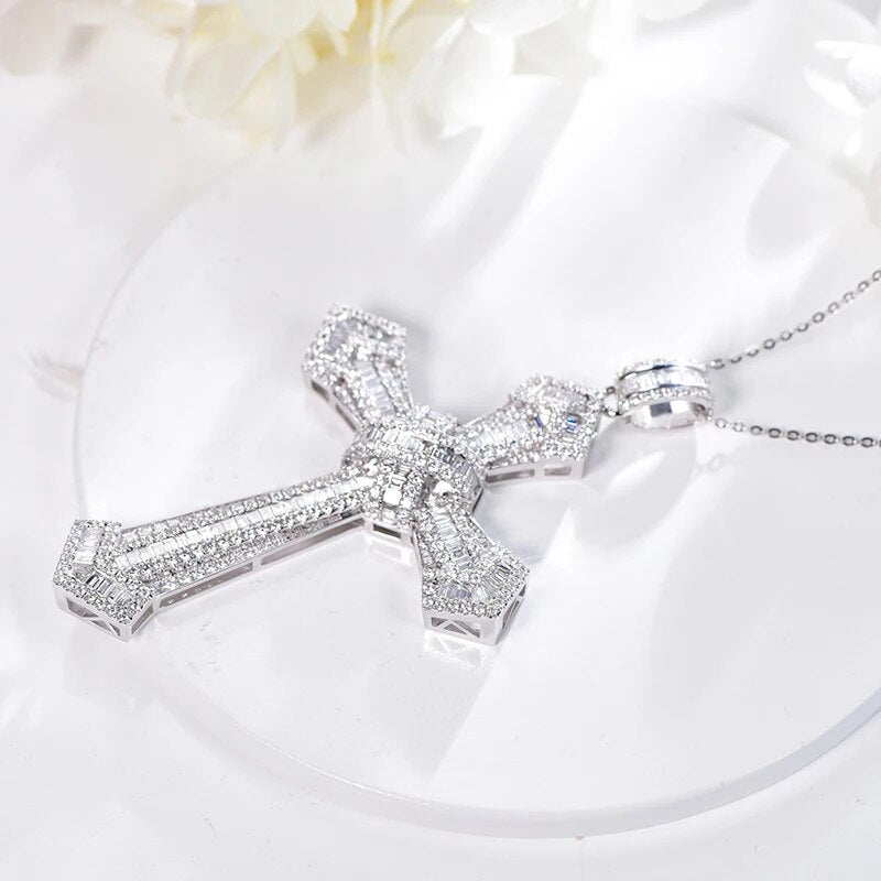 LOVERJEWELRY Cross Pendants Necklace Genuine Bling Diamonds 18K White Gold Hip-hop Charm Statement Luxury Jewelry