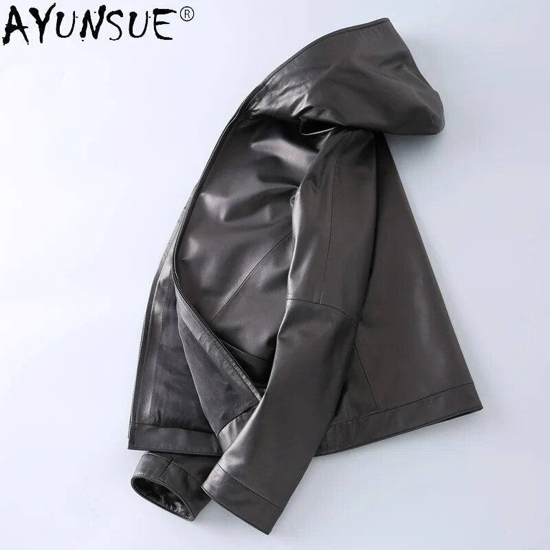 2024 New Men Clothing Sheepskin Genuine Leather Jacket Men's Clothes Hooded Jackets Autumn Male Coat Ropa Hombre LXR475