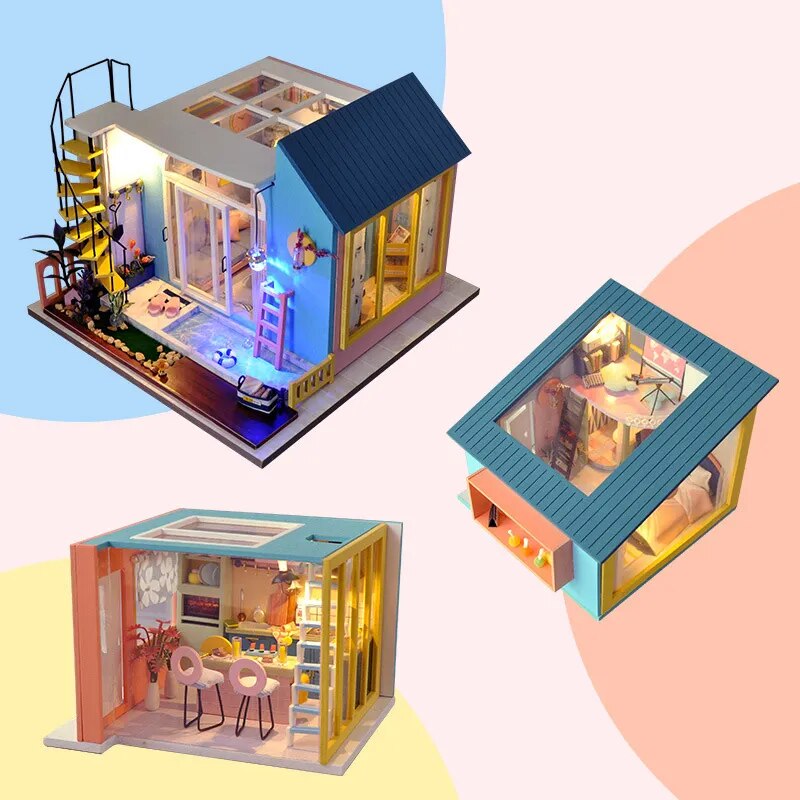 Diy Dollhouse Kit Miniature Items Bedroom Living Room Kitchen 3in1 Villa Tiny Houses Kids Toys Adult Wooden Doll House Furniture